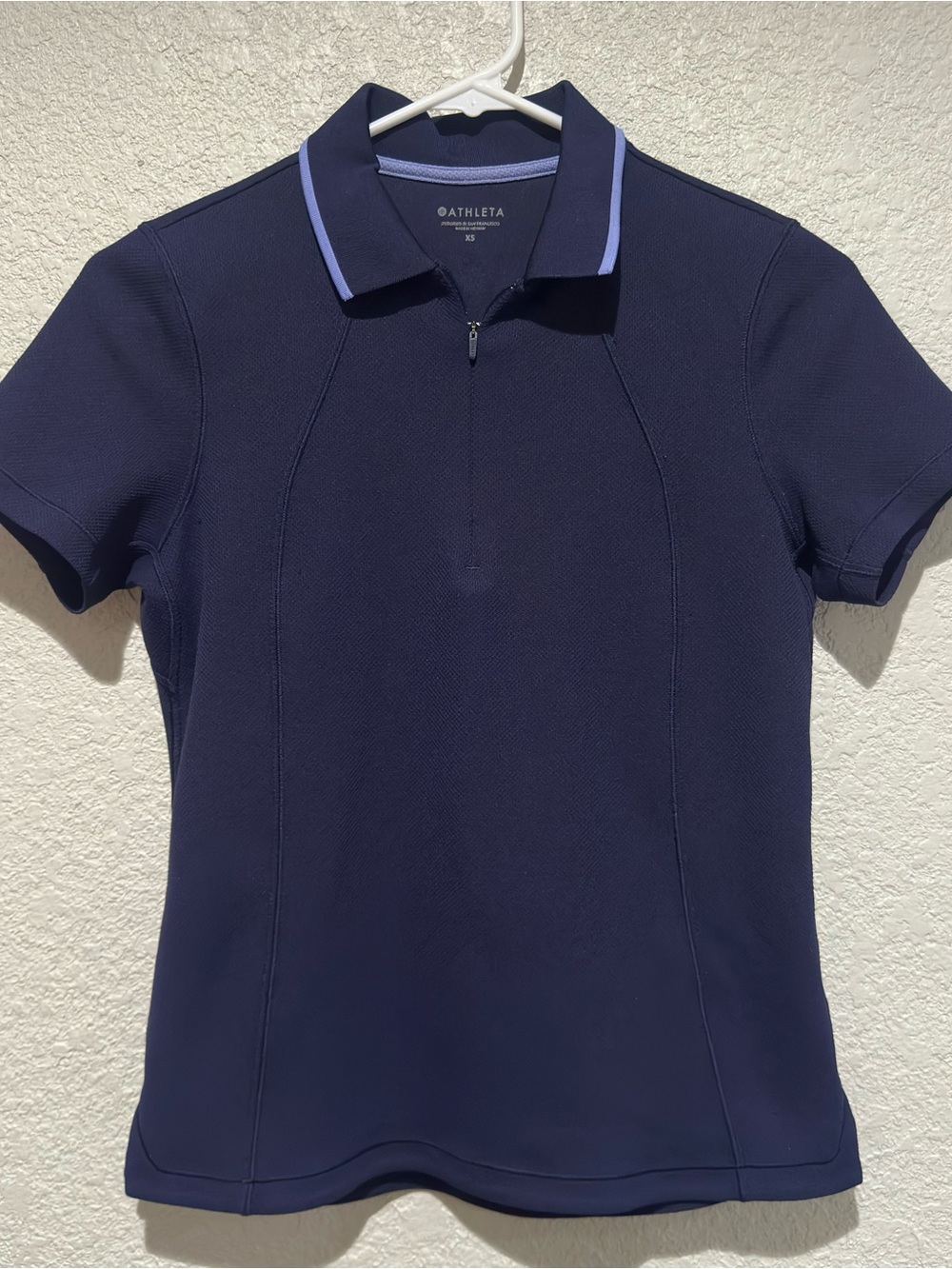 Athleta XS Navy Short-Sleeve Polo with Blue Collar Trim